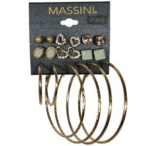 Massini Set Of 9 Pairs Gold Tone Green Studs and Hoops Earrings Jewelry NEW